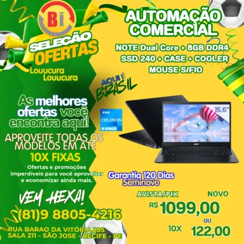 Notebook Intel Dual Core Acer 8GB RAM SSD 240GB Tela 15.6 - Em ate 10x Fixas