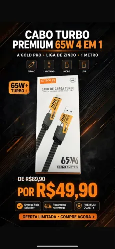 Cabo Turbo 65W 4 em 1 + Cabo 3 em 1 + Cabo 6A A'Gold Original - R$29,90 a R$49,90