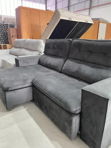 Sofá Retrátil Veludo Cinza 2,30 PRONTA ENTREGA