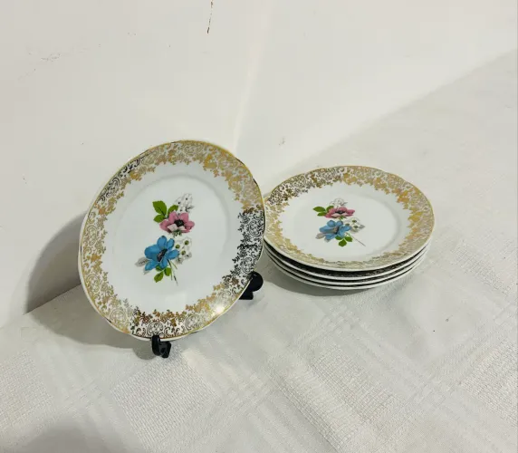 Conjunto 5 Pratos De Chá Bolo Antigos Porcelana Real Floral Ouro