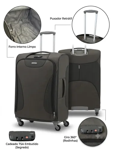 Mala de Viagem Samsonite Soft Média com Cadeado TSA e Rodinhas 360°