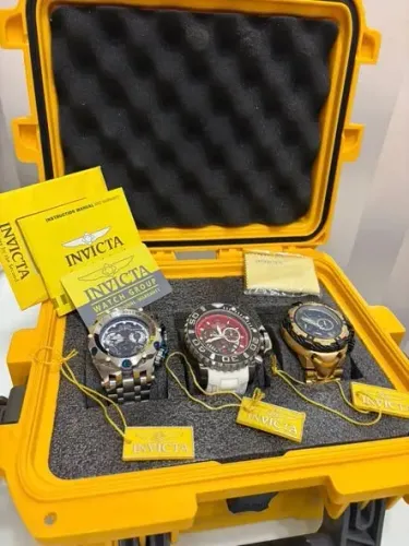 Kit Premium Invicta com 3 Relógios + Case Original Estilo Maleta