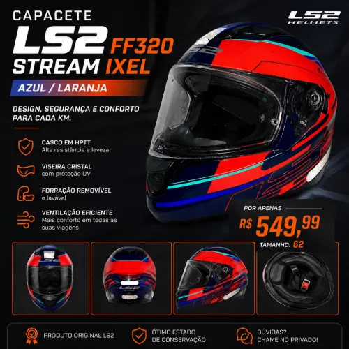 Capacete LS2 FF320 Stream Ixel Azul/Laranja Tamanho 62