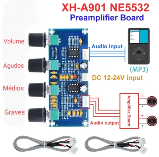 Placa Pre-Amp Eq XH-a901 NE5532 Volume,Graves,Médios,Agudos 12v-24v