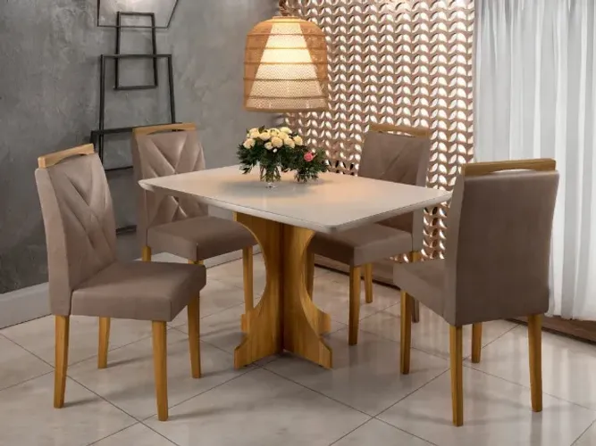 Mesa de Jantar Londres 90×90 c/ 4 Cadeiras Cinamomo/Off White/Avelã Até 12x S/ Juros