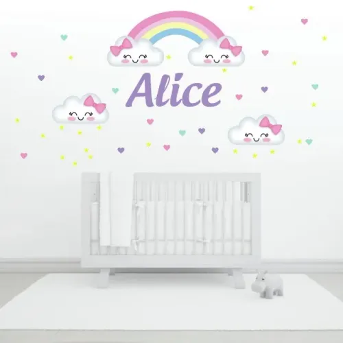 Adesivo de Parede infantil Arco Iris com nome e nuvem Decorativo Baby quarto bebê