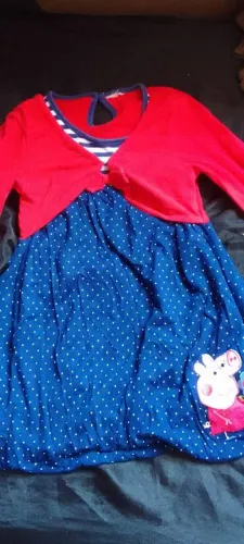Vestido Infantil com Bolinha Azul e Detalhes Vermelhos