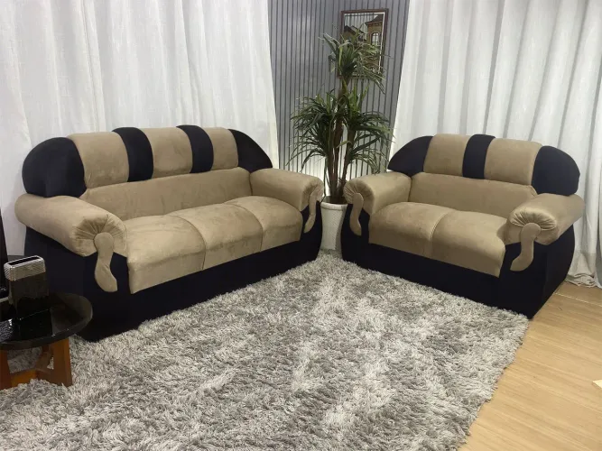 Conjunto Sofá 2 e 3 Lugares Bege/Preto