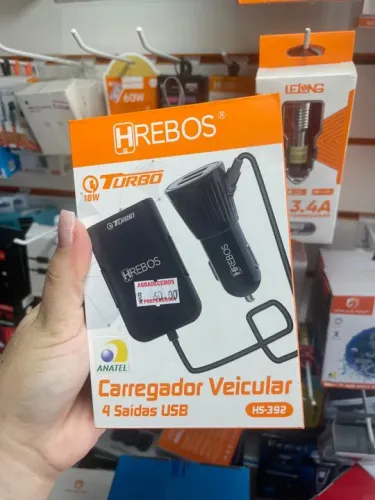 Carregador Veicular HREBOS 4 Saídas USB Turbo 18W