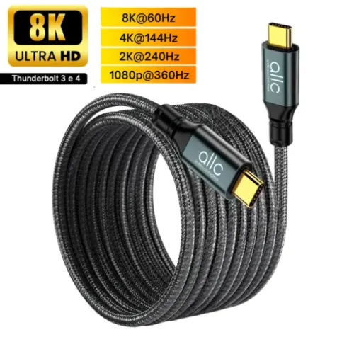 Cabo de Vídeo 8K 60Hz Tipo C para Tipo-C ThunderBolt Compatível com MacBook Notebook USB-C