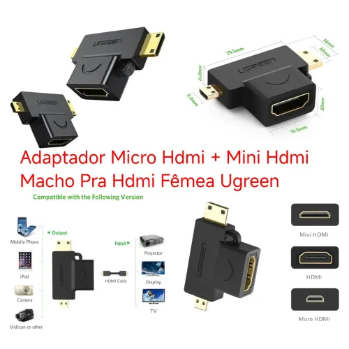 Adaptador Micro Hdmi + Mini Hdmi Macho Pra Hdmi Fêmea Ugreen