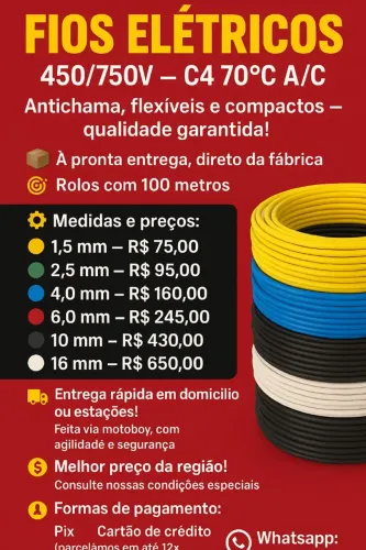 Cabos elétricos flexível antichamas certificado pelo Inmetro rolos 100mts