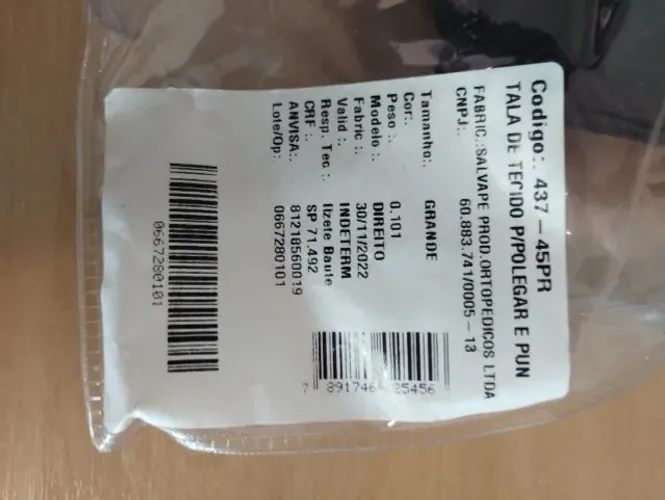 Tala Para Punho Com Apoio Polegar 437 Direita Salvapé Tamanho G