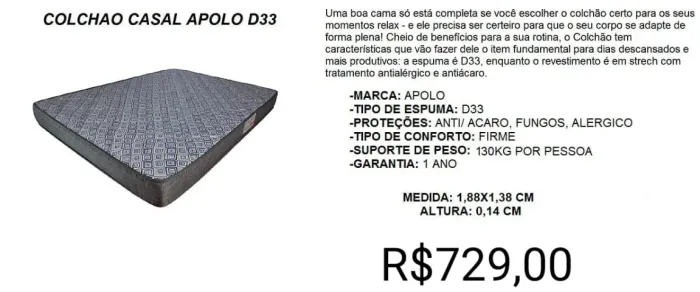 COLCHÃO CASAL D33 APOLO ESPUMAS A PRONTA-ENTREGA 