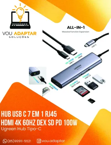 Adaptador Hub Usb C 7 Em 1 Hdmi 4k 60hz Rj45 Dex Sd Pd 100w Ugreen