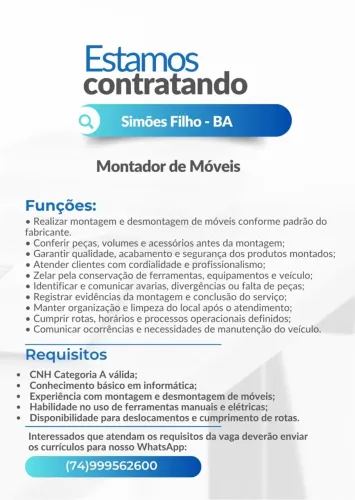 Oportunidade de Montador de Móveis 