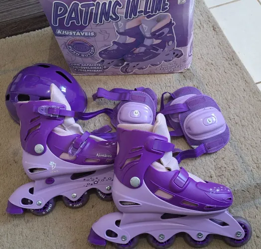 Patins ajustável + kit completo de proteção (bracelete, joelheira e capacete)