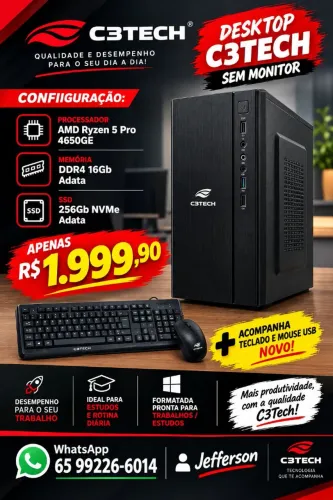 Desktop C3Tech Ryzen 5 Pro 4650GE, 16GB RAM, SSD NVMe 256GB + Teclado e Mouse