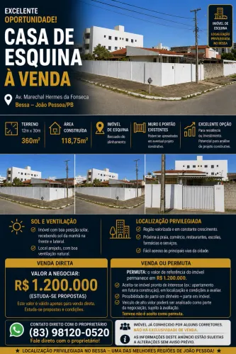 CASA DE ESQUINA À VENDA NO BESSA - TERRENO 360 m² | R$ 1.200.000