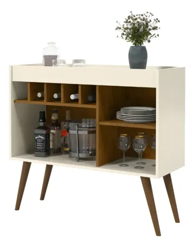 Aparador Bar Adega Para 5 Garrafas com 2 Nichos 1 Prateleira Pés Palito Moderno Off White 