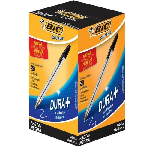 Caixa de caneta Bic Cristal preta com 50 unidades. Ponta média 1.0mm