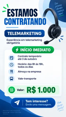 Precisa-se funcionários área Telemarketing com experiência