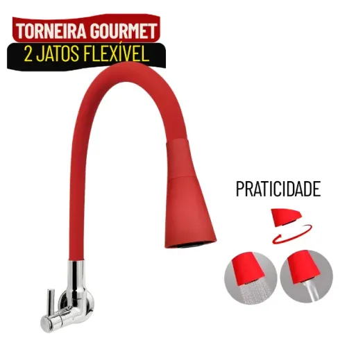 Torneira Gourmet de Parede Vermelha com Bica Flexível Cone e 2 Jatos - SCS12