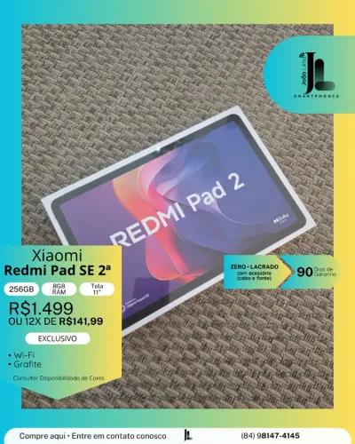 XIAOMI REDMI PAD SE 2ª, 256GB, 8GB RAM, TELA 11 POL., LACRADO, EXCLUSIVO!