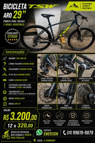 Bicicleta TSW Aro 29" - 10 Marchas na catraca e 1 Coroa - Shimano Deore