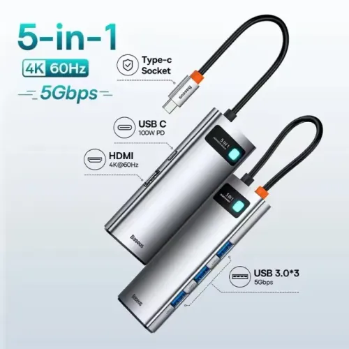 Hub USB-C Baseus 5 Em 1 Hdmi 4k, USB 3.0, USB C (100W pra carregamento) Cinza Espacial