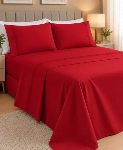 Jogo de Cama Casal 3 Peças Vermelho - Bordado