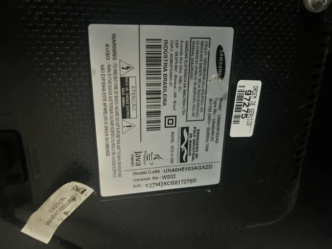 Peças TV SANGUNG Model: UN40H5103AG Type No.: UN40H5103 AC100-240V~ 50/60Hz