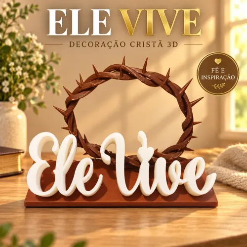 Combo Decoração Cristã 3D Ele Vive Ore e Confie com Vaso 4 Peças