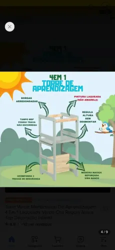 Torre de aprendizagem montessouriana 4x1 laqueada verde. Na caixa