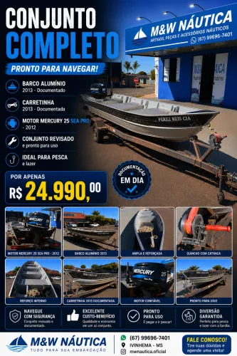 Barco 6m e Carretinha Documentada + Motor Mercury 25 Sea Pro - Kit Completo