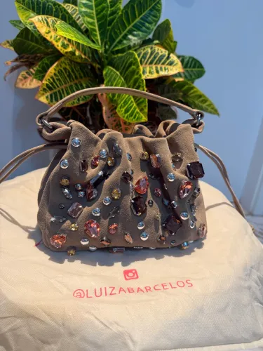 Bolsa Luiza Barcelos Média Camurça Bege Fendi Pedrarias - Original