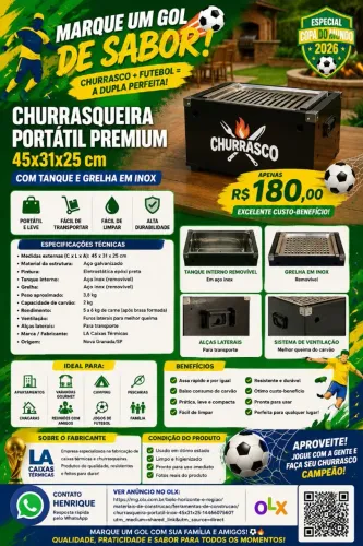 Churrasqueira Portátil Premium 45x31x25 Inox e Aço Galvanizado