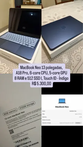 MacBook Neo 13, chip A18 Pro, 8 GB,512 SSD, Touch ID - Índigo