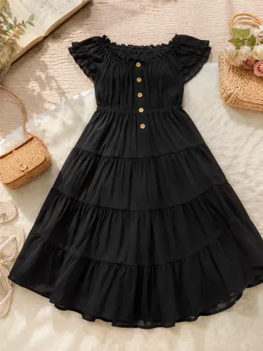 Vestido Longo Preto Ciganinha Preto com Babados e Botões | Elegante e Confortável