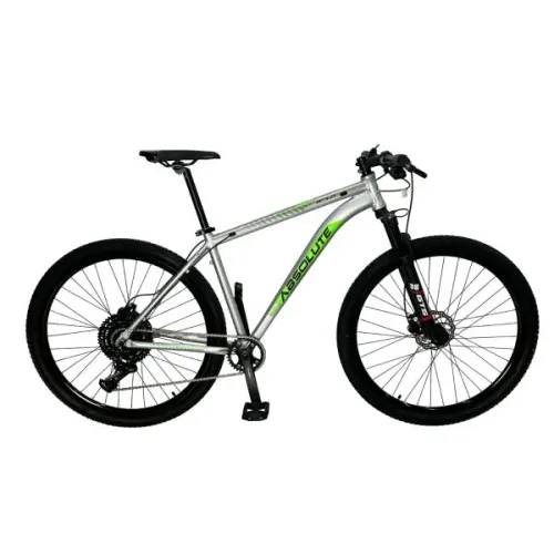 Bicicleta Absolute wild prata com verde, aro 29, 20 velocidades, amortecedor esportivo