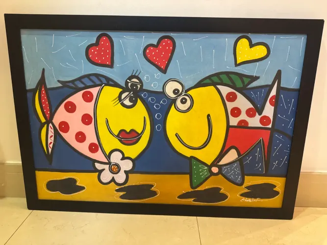 Quadro inspirado Romero Britto Peixinho amor peixe