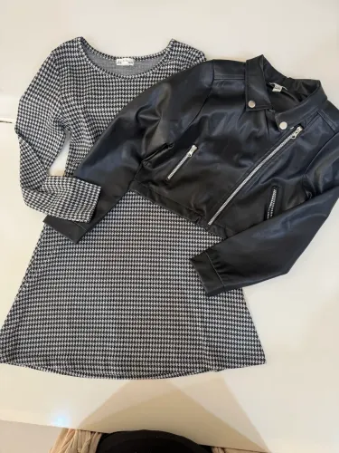 Vestido de malha com jaqueta de PU com forro