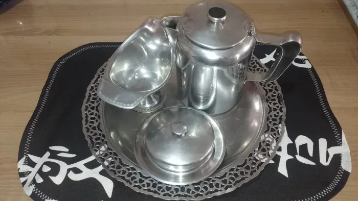 Conjunto Inox 4 peças Chaleira bandeja Manteigueira Molheira Inox Forte Tramontina antigo 