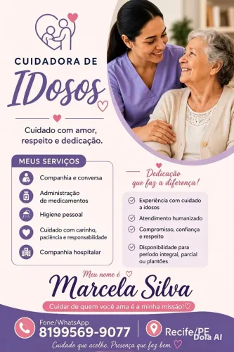 Olá sou cuidadora de idosos faço atendimento domiciliar e acompanhamento hospitalar