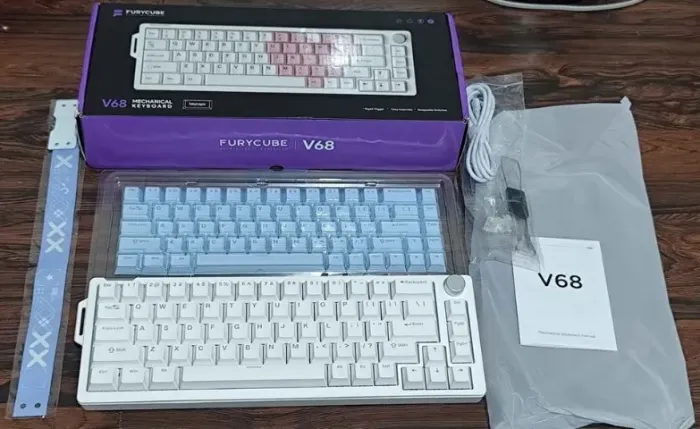 Teclado Mecânico FuryCube V68 Branco - Novo | RGB | Hot-Swap | Knob Multifuncional