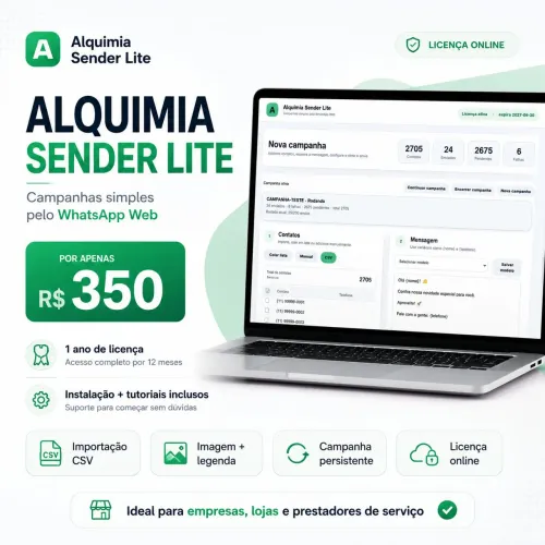 Alquimia Sender Lite | Campanhas no WhatsApp Web | 1 ano