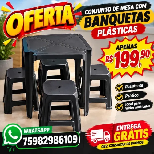 Conjunto mesa e banquetas plásticas em promoção