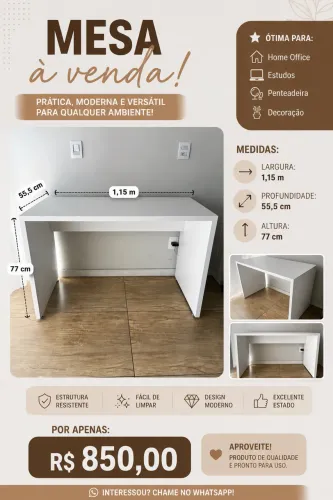 Mesa em MDF BRANCO *NÃO É INCLUSO CARRETO!*