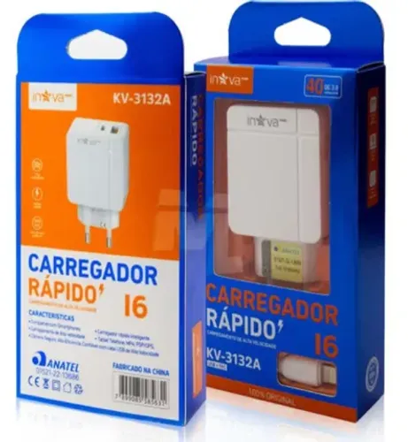 Carregador Celular Pd Entrada Usb + Type-C Qc 3.0 Com Cabo Lightning Inova - Kv-3132A