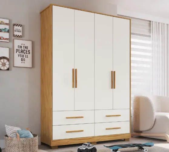 Roupeiro Charlo 4 Portas Lisa, 100% MDF - Peroba